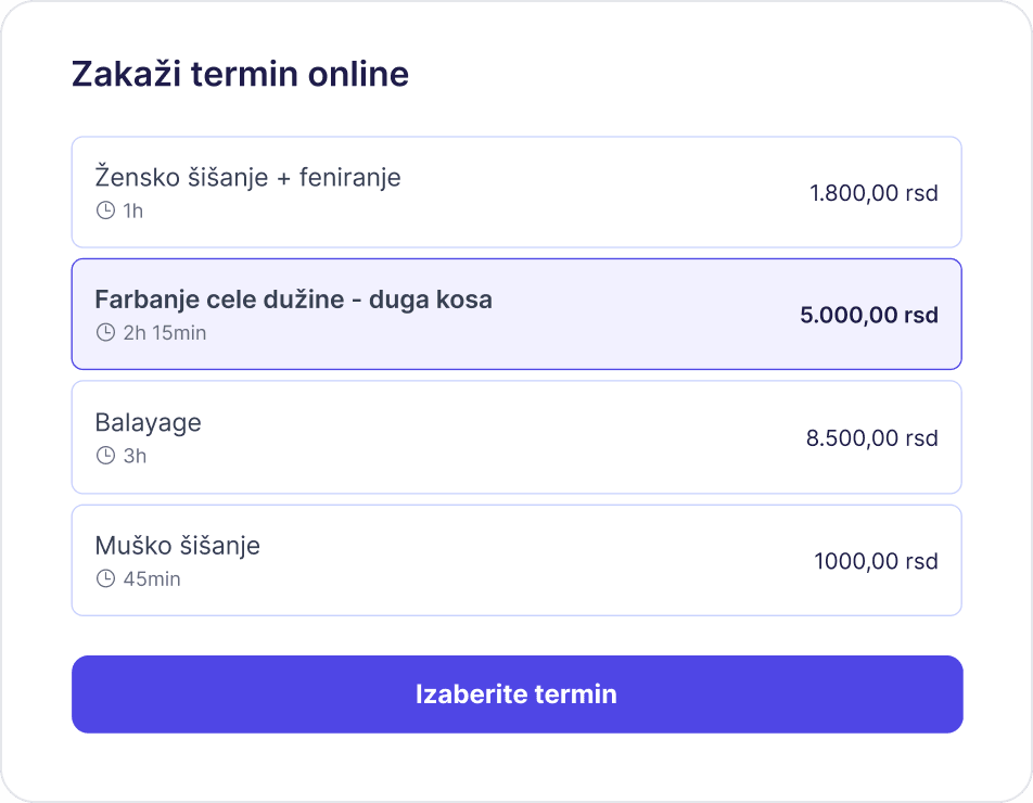 Prikaz online zakazivanja u Sveski